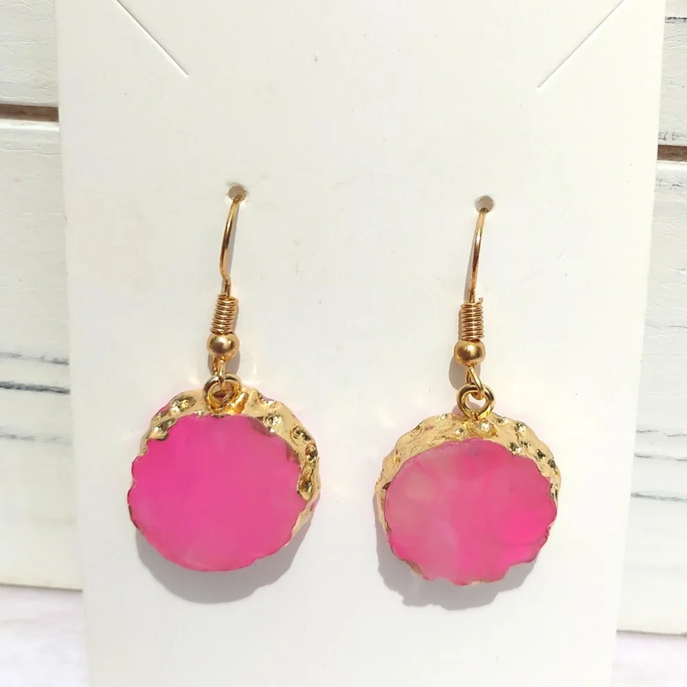 CRYSTAL QUARTZ EARRINGS GENUINE STONES PINK GOLD SHINY TRANSLUCENT STONES HOOK - Picture 1 of 2